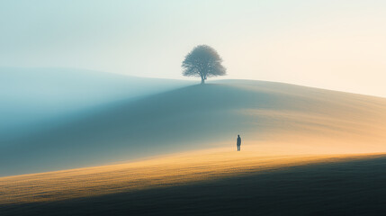 Quiet field scenery with lonely tree and people