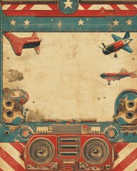 Vintage textured border with patriotic red white and blue colors. Features illustrations of aircrafts and boombox on a rustic background