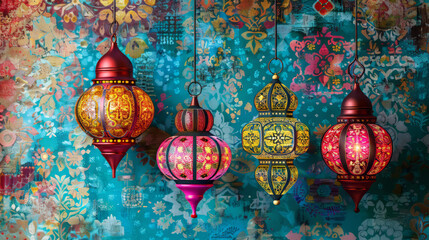 Colorful decorative lanterns hanging against vibrant background,on Ramadan,Hari Raya Aidilfitri,Eid-Ul-Fitr