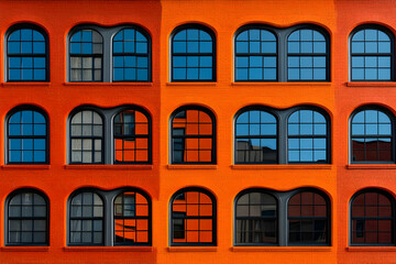 Fototapeta premium Vibrant Orange Brick Building with Arch Windows - Architectural Illustration