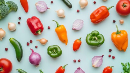 A pattern created from scattered vegetables, such as peppers, onions, and tomatoes, on a soft, minimalist background.