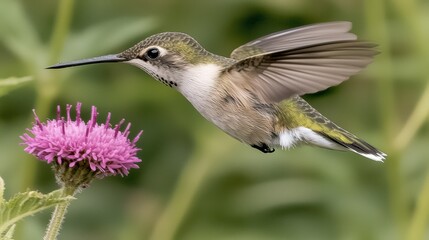 Fototapeta premium Hummingbird in Flight Near Pink Flower Beautiful Wildlife Nature