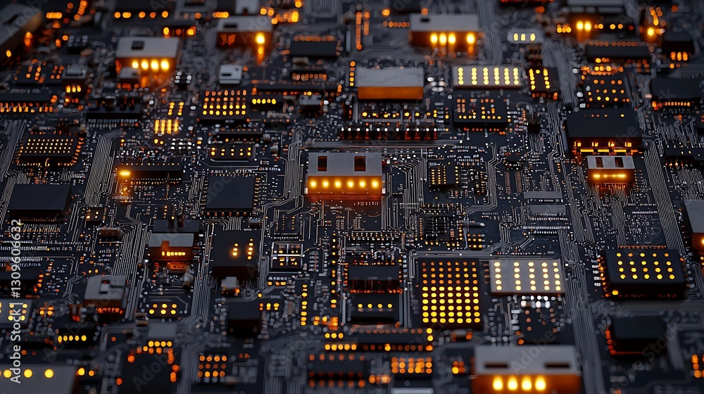 Poster close-up view of a complex circuit board with glowing components and intricate wiring