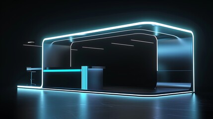 Futuristic Neon Exhibition Booth Design: A 3D Render of a Sleek, Modern Trade Show Stand with Bright Blue LED Lighting