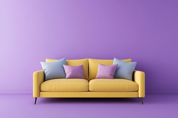 A yellow sofa with colorful pillows against a purple wall