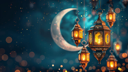 Magical lanterns glowing under crescent moon at night,on Ramadan,Hari Raya Aidilfitri,Eid-Ul-Fitr
