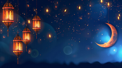 Magical lanterns glow under crescent moon at night,on Ramadan,Hari Raya Aidilfitri,Eid-Ul-Fitr