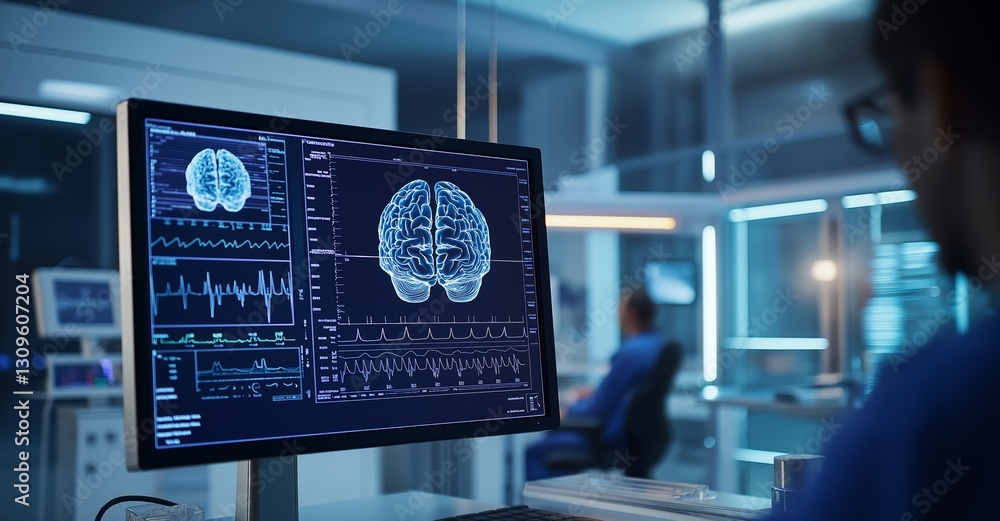 Poster in a cutting-edge laboratory, a scientist meticulously analyzing brain scans and data on a computer 