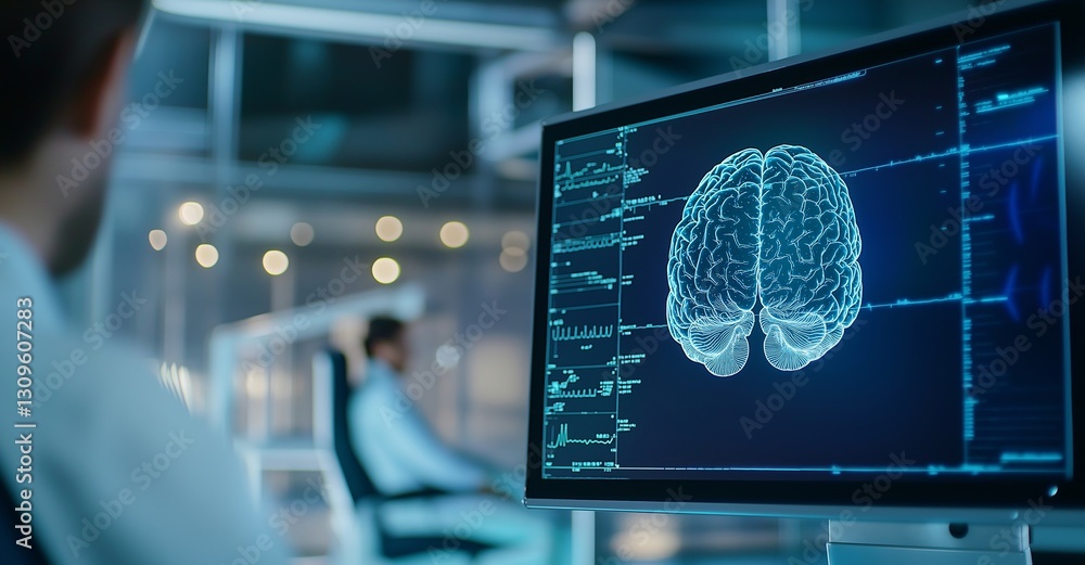 Poster in a technologically advanced laboratory, scientists are examining a 3d model of a human brain displ