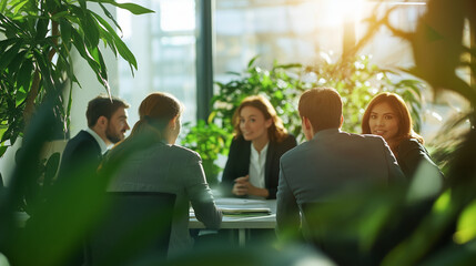 Business executives discussing during a corporate briefing in a modern green office with large windows and natural light, fostering a collaborative and eco-conscious work environment
