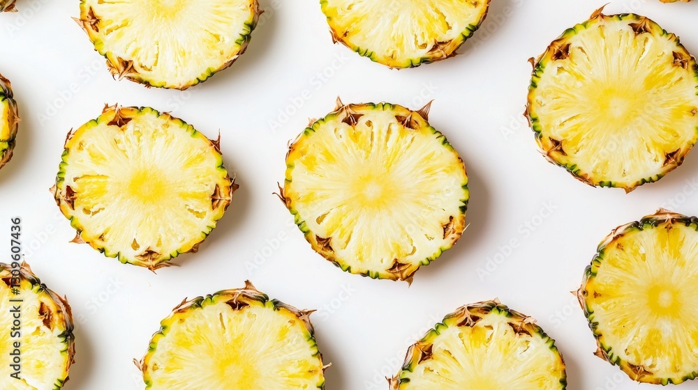 Aufkleber ripe pineapple slices arranged on a white background creating a vibrant and appetizing pattern, show