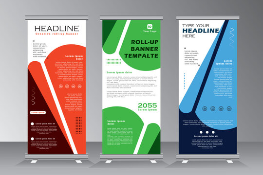 Vertical banner stand template design. vector abstract geometric shape background for roll up banner, modern x-banner, standee, stand baner with green, blue, and orange print ready colour, vector