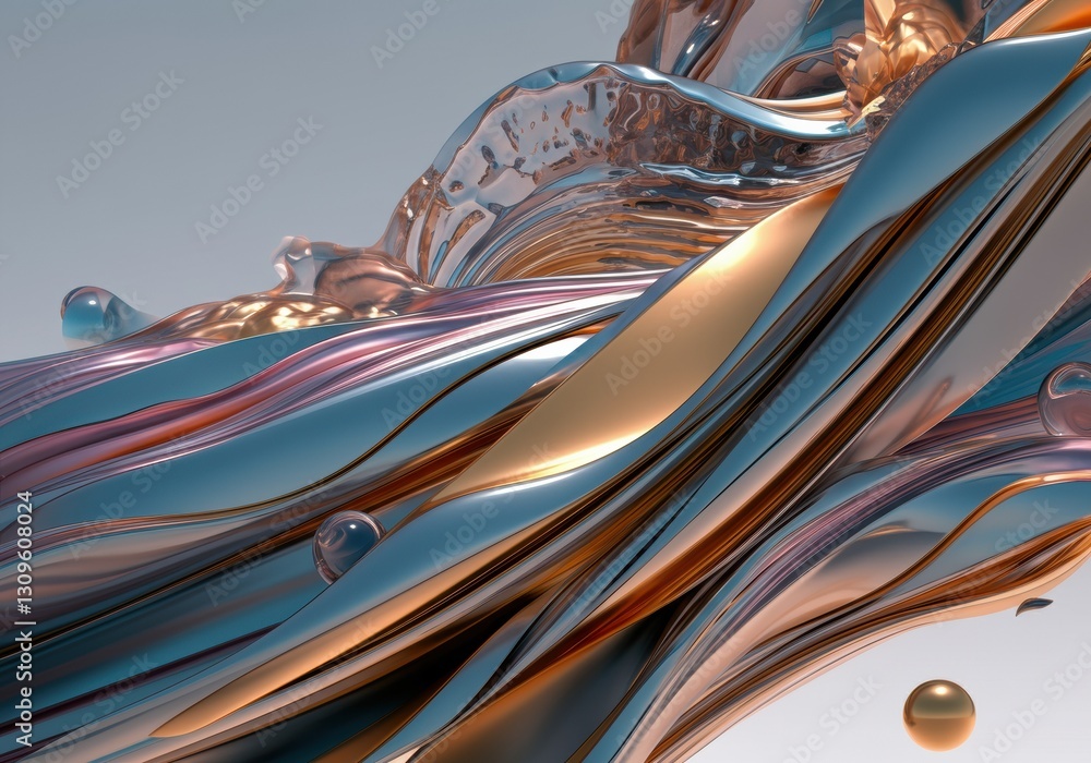 Poster abstract fluid design with metallic waves and colorful spheres