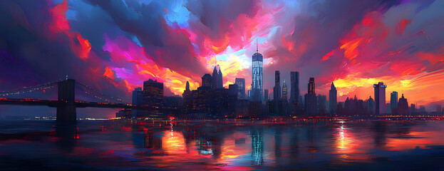 Obraz premium Vibrant city sunset, bridge, reflection