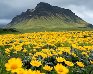 Yellow flowers blooming in field with mountain backdrop.