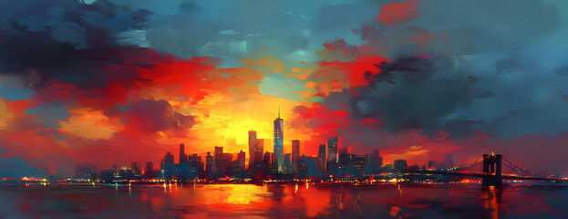 Fototapeta premium Cityscape sunset, fiery sky, water reflection