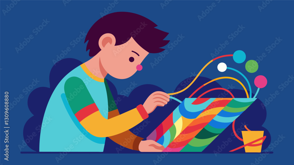 Poster a young child intently weaving a colorful abstract design using their imagination to create a story 