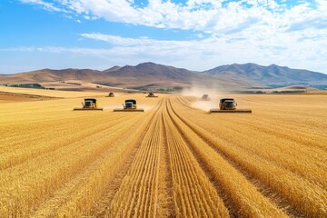 Fototapeta premium Harvesting wheat on a sunny day with multiple combines working in the fields