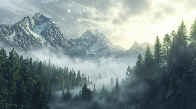 Snow-capped peaks tower over a misty forested valley. - Powered by Adobe