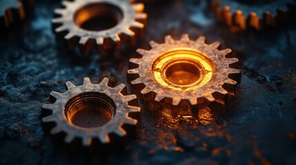 Rusty gears interlocked, glowing center, dark industrial background