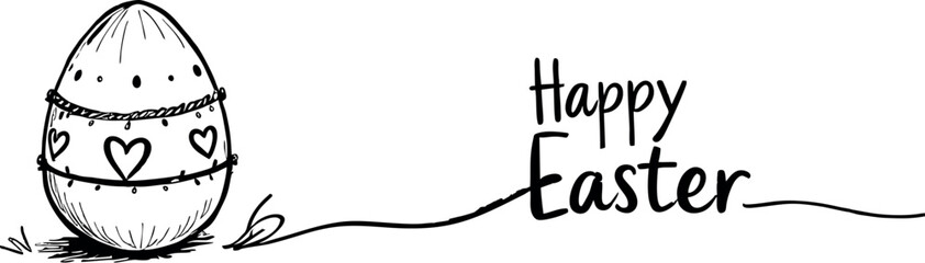 Linear illustration for Easter drawn black and white egg with graphic pattern and hearts, on the left inscription Happy Easter