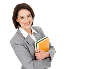 Portrait of smiling school teacher holding books, isolated