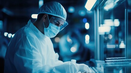 A scientist is working in a laboratory with protective equipment on