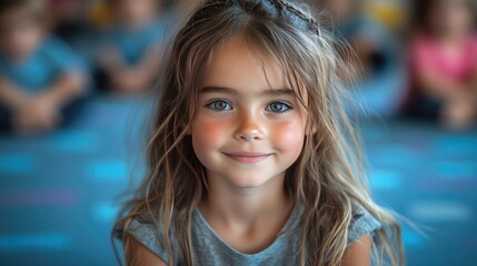Fototapeta premium A diverse group of young children sits on a blue carpet in a classroom setting.