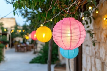 Fototapeta premium Colorful Lanterns with Twinkling Fairy Lights Illuminating a Charming Outdoor Space