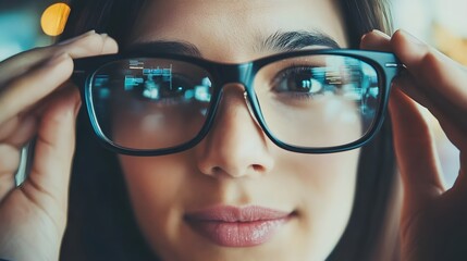 Close up portrait of a serious focused leader wearing glasses and analyzing data displayed on a high tech futuristic innovation dashboard  The executive is deeply engaged in the digital interface