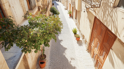 Tranquil Mediterranean Alleyway with Sunlit Cobblestones