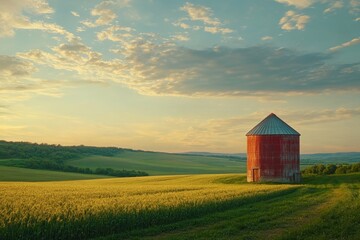 Golden wheat fields extend towards a red silo under a vast sky at sunset near a tranquil rural landscape