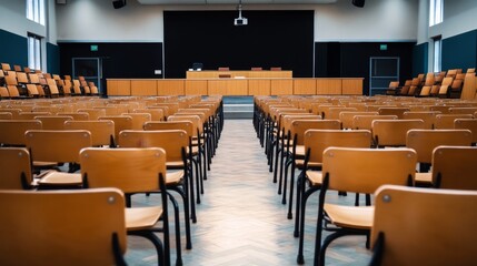 Empty Lecture Hall Ready for Students - Rows of empty wooden chairs in a large lecture hall, waiting for students. A stage and projector are visible at the far end