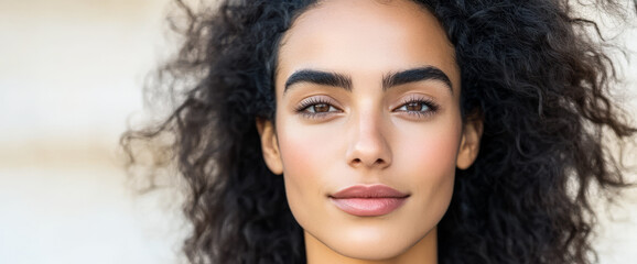 Fototapeta premium Young woman with curly hair smiling softly in a natural setting during daylight