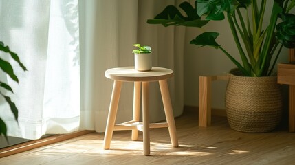 Small wooden stool with plant in sunlit room.