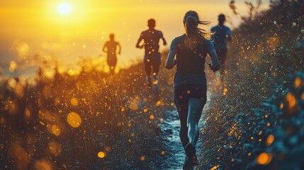 A man and a woman are running side by side on a dirt trail through a lush, green forest.