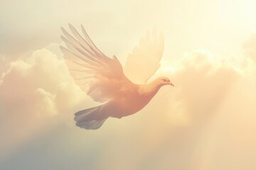 Fototapeta premium Double exposure funeral flyer featuring a large dove silhouette blended with a serene sky, warm sunlight, and soft clouds, creating a peaceful and reflective memorial design.