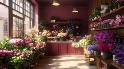 Brightly lit flower shop interior showcasing vibrant blooms in various pots with wooden shelves