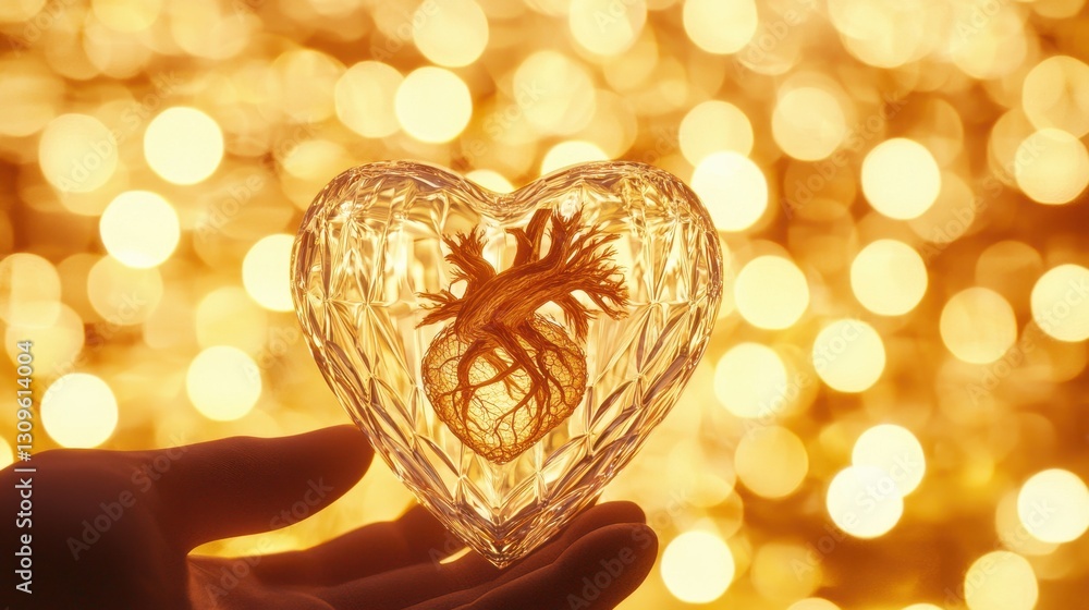 Poster crystal heart with intricate design against a golden bokeh background