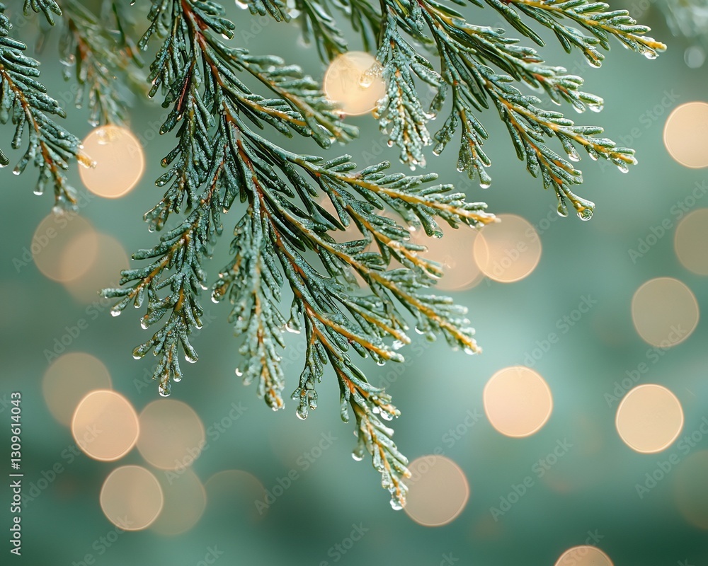 Poster close-up of a frosted evergreen branch with bokeh background.