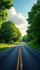 Obraz premium Empty blacktop highway winds through lush green park under a breathtaking sky , nature, perspective, rural