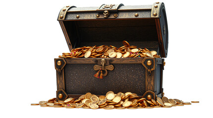 Photo of wooden treasure chest overflowing with gold coins isolated on transparent background.png