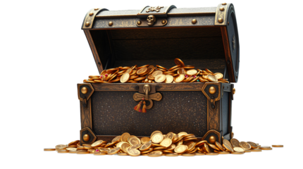 Photo of wooden treasure chest overflowing with gold coins isolated on transparent background.png