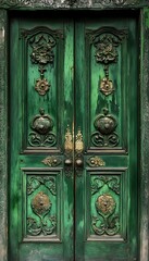 Ornate Green Door, Historic Building, Intricate Carving, Decorative Hardware