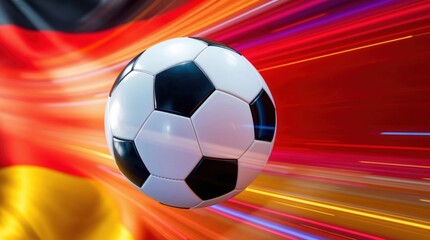 Fototapeta premium Ein Fußball fliegt an einer Deutschlandflagge vorbei