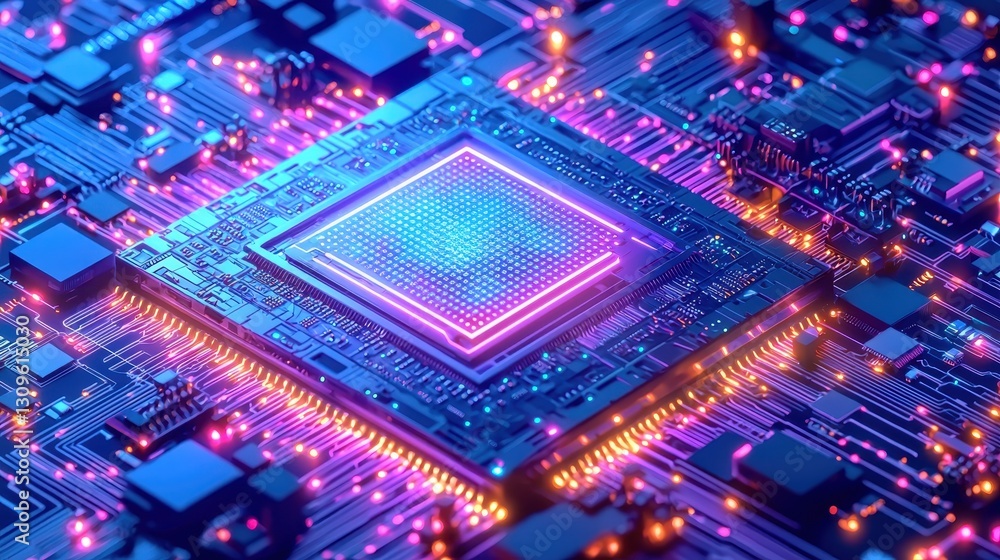 Poster cutting-edge technology digital circuitry high-tech microchip futuristic environment close-up view i