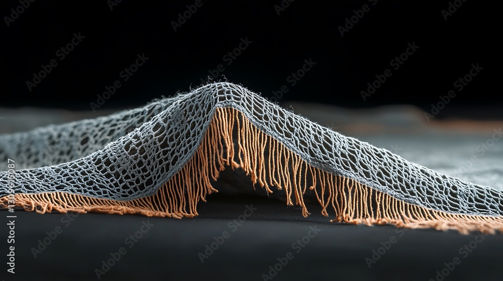 Poster close-up view of a delicate lace fabric with intricate patterns and fringed edges against a dark bac