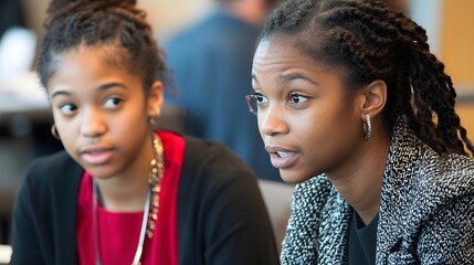 Closeup of a mentor guiding and empowering a young professional with strategic career advice during a leadership development workshop session  The two are engaged in an insightful discussion