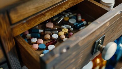 A close-up of an open wooden drawer filled with various pills and bottles, representing the variety in medication management during healthcare planning and management