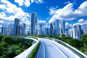 Fototapeta premium Modern Cityscape with Scenic Overpass - A stunning view of a modern city skyline, seen from a curved overpass surrounded by lush greenery. Blue sky with fluffy clouds